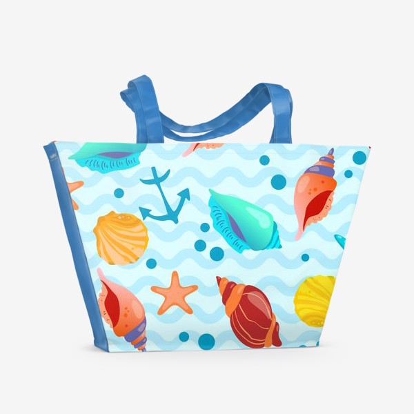 Пляжная сумка &laquo;Ракушки разноцветные, якоря и пузырьки на фоне морских волн&raquo;