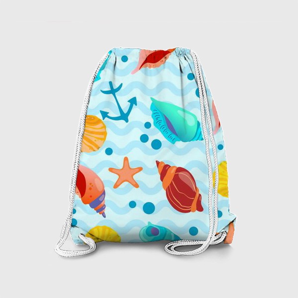 Рюкзак «Ракушки разноцветные, якоря и пузырьки на фоне морских волн»
