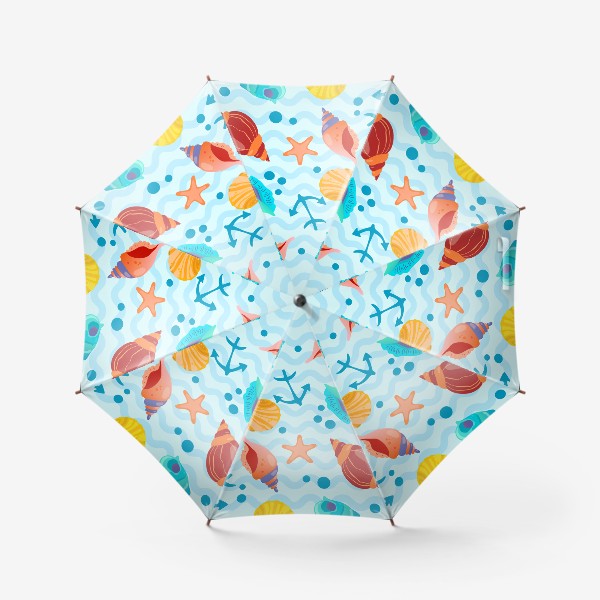 Зонт «Ракушки разноцветные, якоря и пузырьки на фоне морских волн»