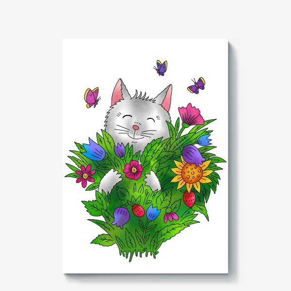 Холст «Белый кот с цветами»