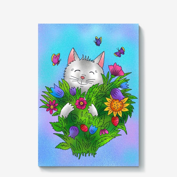 Холст «Белый котик и цветы»