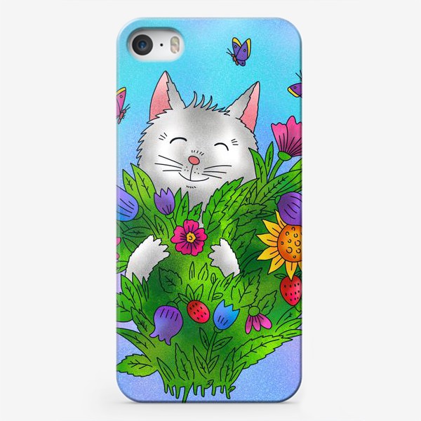 Чехол iPhone «Белый котик и цветы»