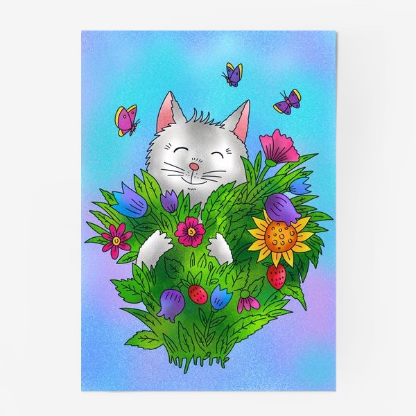 Постер «Белый котик и цветы»
