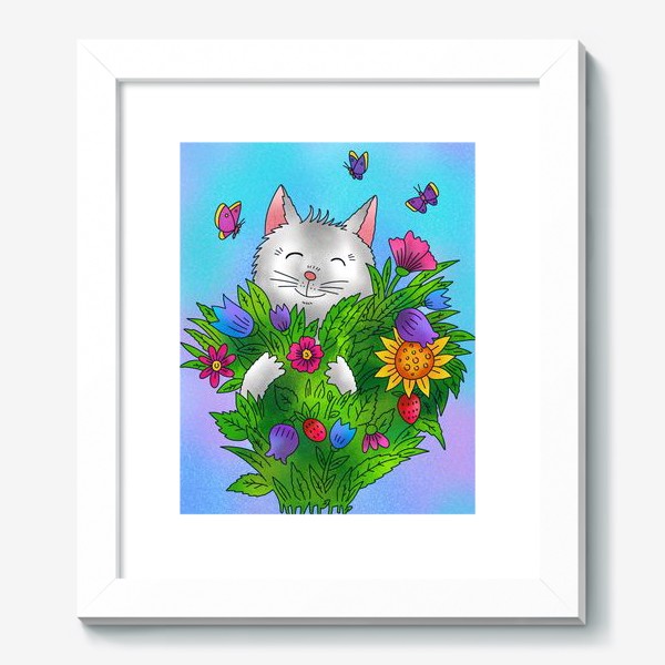 Картина «Белый котик и цветы»
