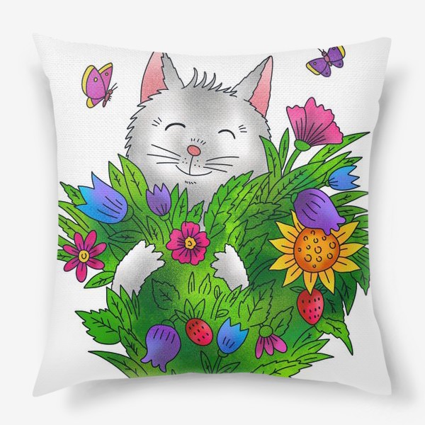 Подушка «Белый кот с цветами»