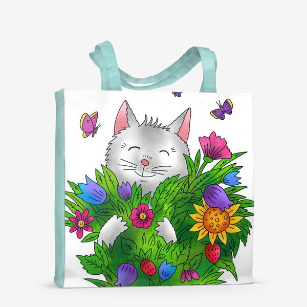 Сумка-шоппер &laquo;Белый кот с цветами&raquo;