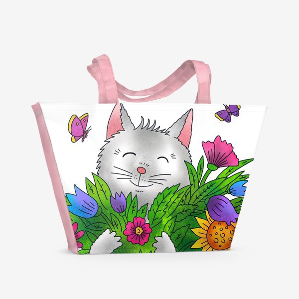 Пляжная сумка &laquo;Белый кот с цветами&raquo;