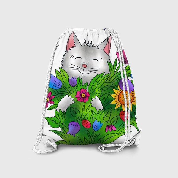 Рюкзак &laquo;Белый кот с цветами&raquo;