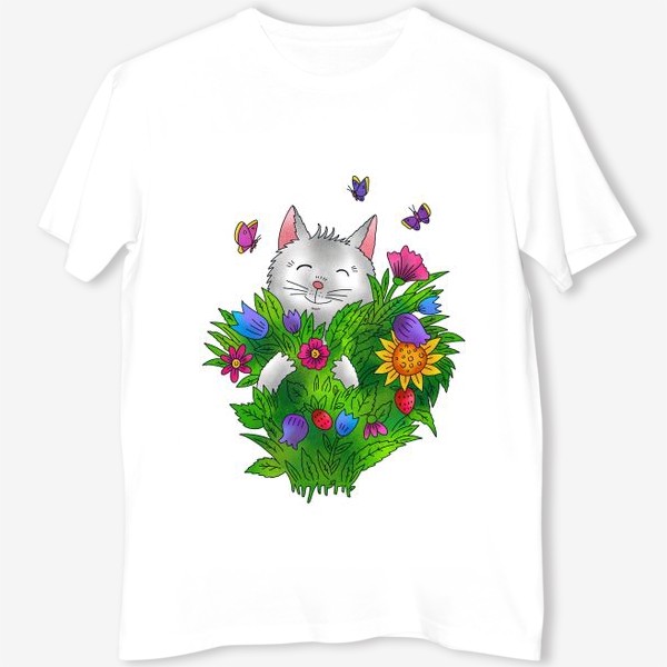 Футболка «Белый кот с цветами»