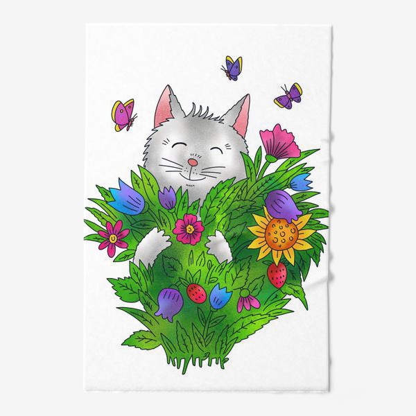 Полотенце «Белый кот с цветами»
