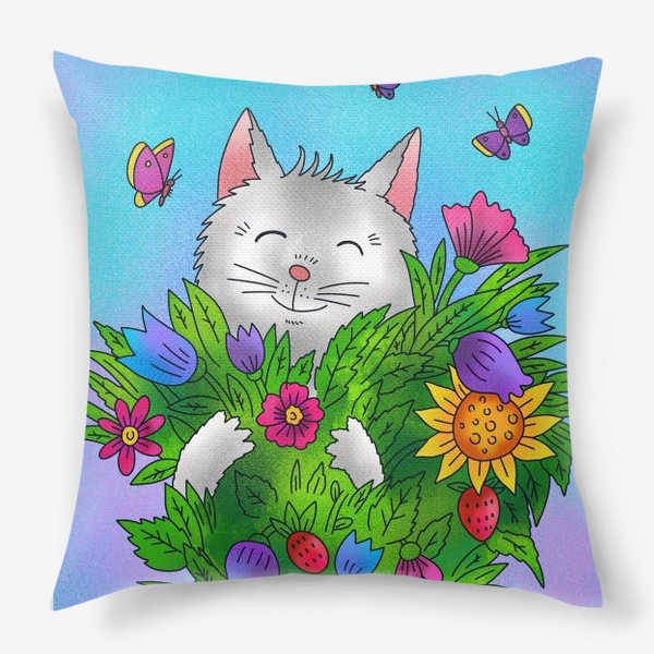 Подушка «Белый котик и цветы»