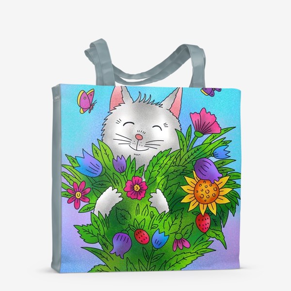 Сумка-шоппер «Белый котик и цветы»