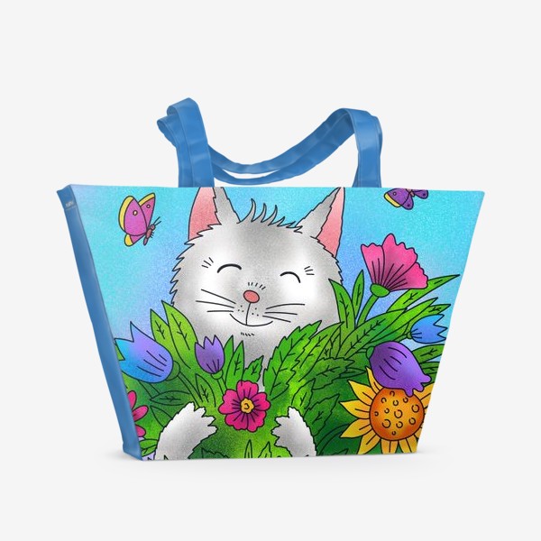 Пляжная сумка &laquo;Белый котик и цветы&raquo;