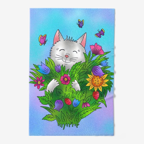 Полотенце «Белый котик и цветы»