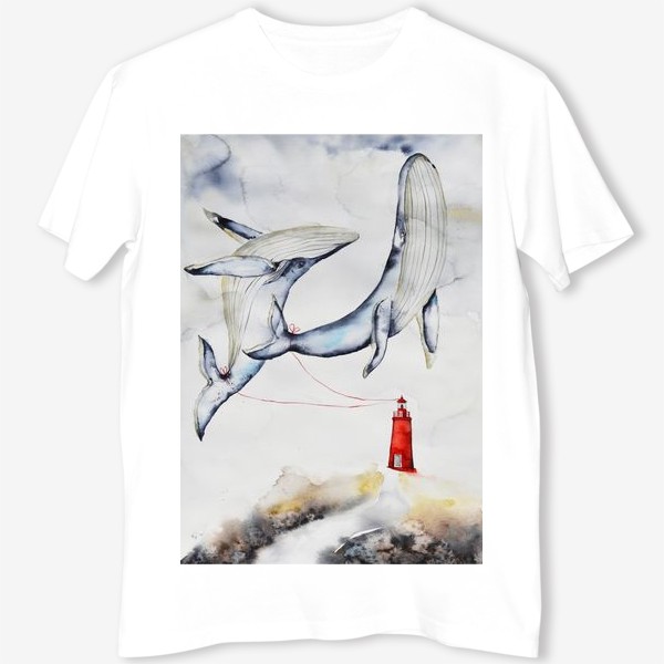 Футболка «Летающие киты и красный маяк»