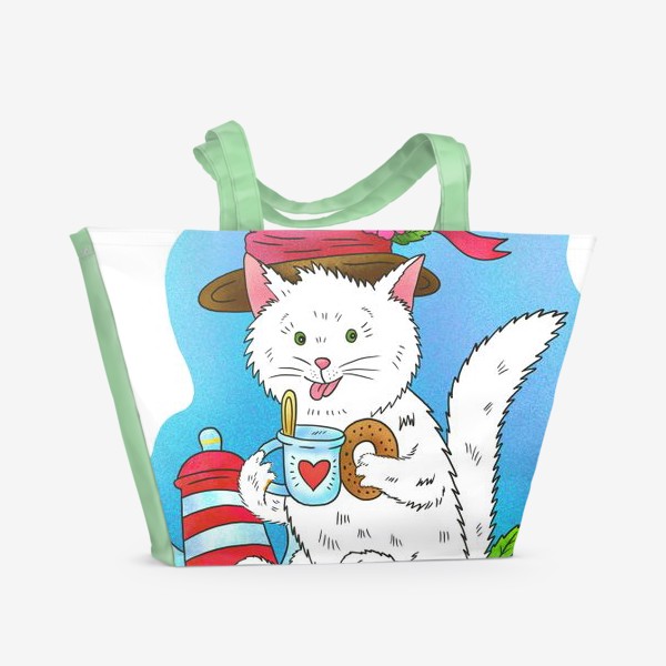 Пляжная сумка «Белый котик пьёт чай»