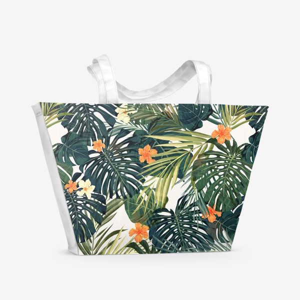 Пляжная сумка «Тропики - монстера и оранжевые гибискусы»