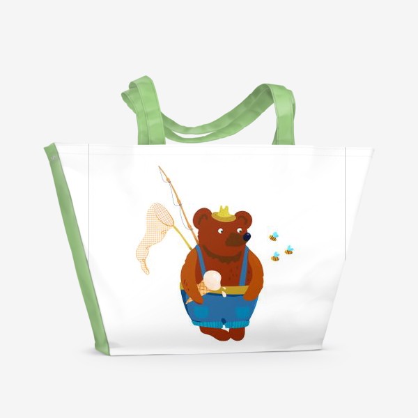 Пляжная сумка «Мишка-дачник с удочкой, мороженым и сачком. Смотрит на пчел.»
