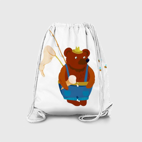Рюкзак «Мишка-дачник с удочкой, мороженым и сачком. Смотрит на пчел.»