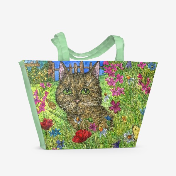 Пляжная сумка «Вечер на даче. Кот и цветы»
