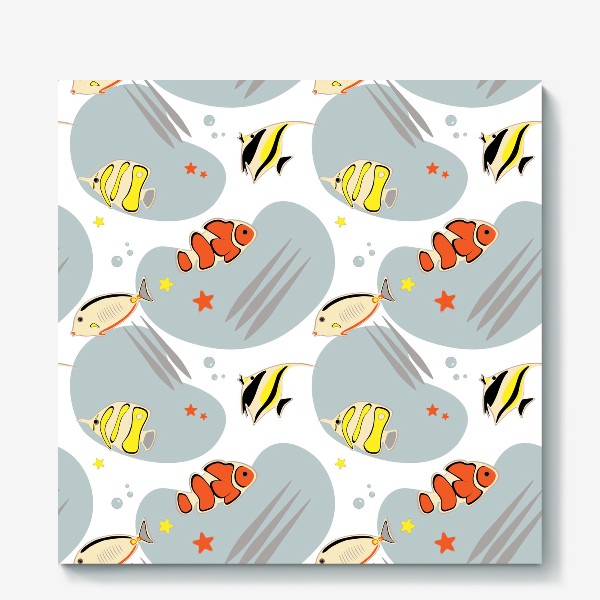 Холст «Orange, yellow and black Fishes Seamless Pattern with transparent Background.»