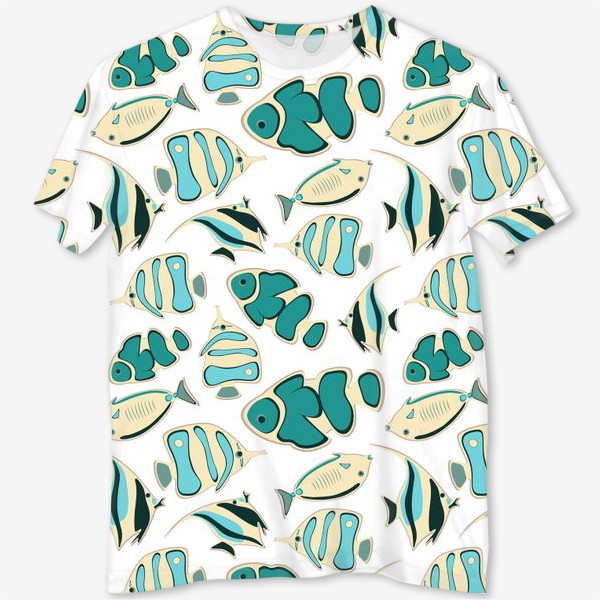 Футболка с полной запечаткой «Blue and Gray Fishes Seamless Pattern with transparent Background»