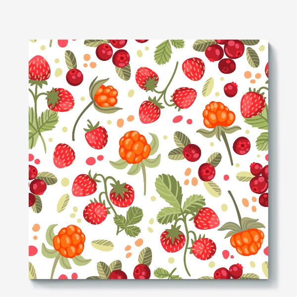 Холст «Лесные ягоды на белом фоне: земляника, брусника, морошка»