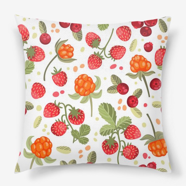 Подушка «Лесные ягоды на белом фоне: земляника, брусника, морошка»