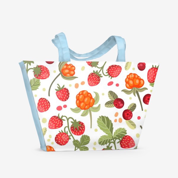 Пляжная сумка &laquo;Лесные ягоды на белом фоне: земляника, брусника, морошка&raquo;
