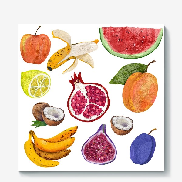 Холст «Фрукты и ягоды. Арбуз, инжир, абрикос, банан, гранат, яблоко, слива, кокос, лимон»