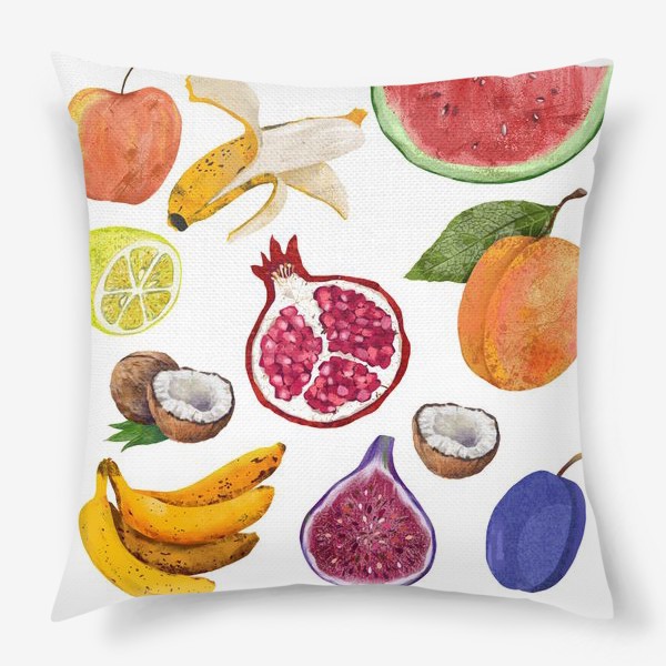 Подушка «Фрукты и ягоды. Арбуз, инжир, абрикос, банан, гранат, яблоко, слива, кокос, лимон»