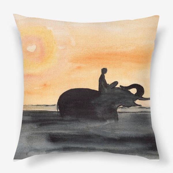 Подушка «Слон и человек. Силуэт на закате. Любовь проста...»