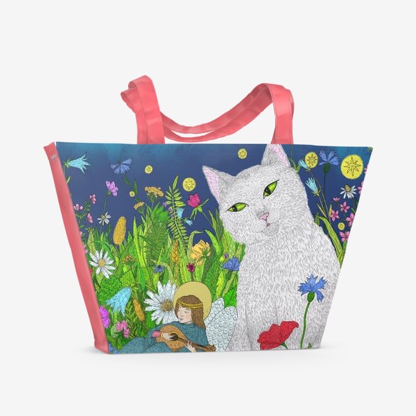 Пляжная сумка «Тихая ночь. Белый кот и анге»