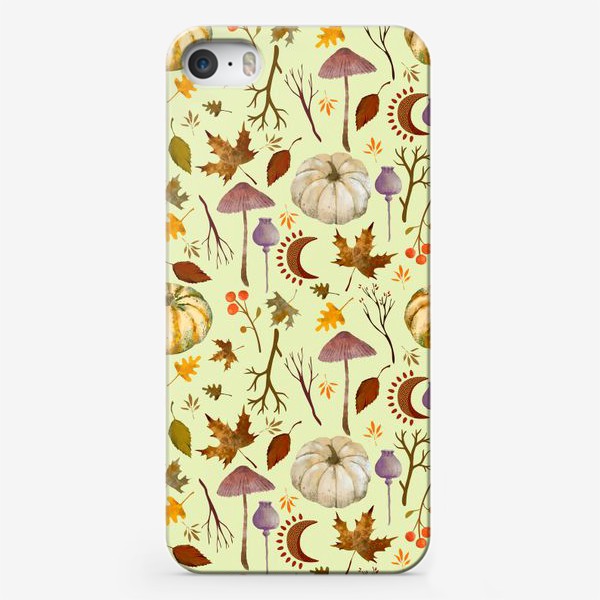 Чехол iPhone «Осенний паттерн с тыквами, грибами, листьями, ветками, символами луны.»