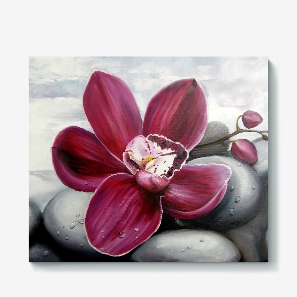 Холст «Цветок красной орхидеи. Живопись. Цветок с капельками росы»