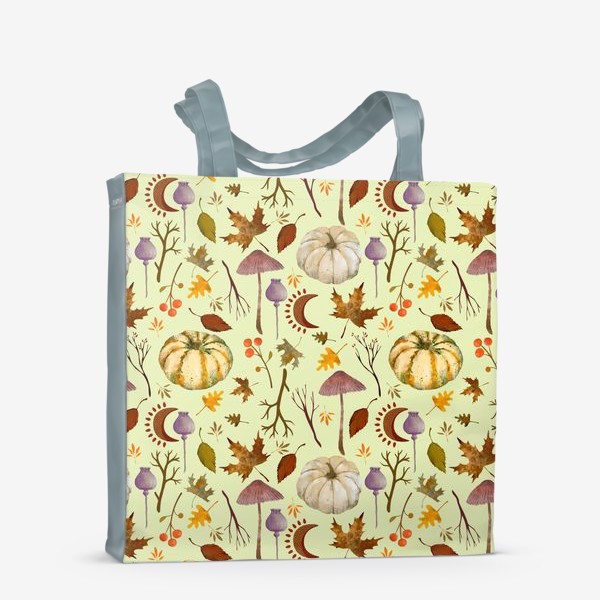 Сумка-шоппер «Осенний паттерн с тыквами, грибами, листьями, ветками, символами луны.»