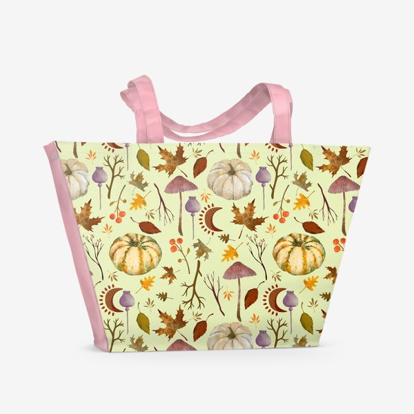 Пляжная сумка «Осенний паттерн с тыквами, грибами, листьями, ветками, символами луны.»