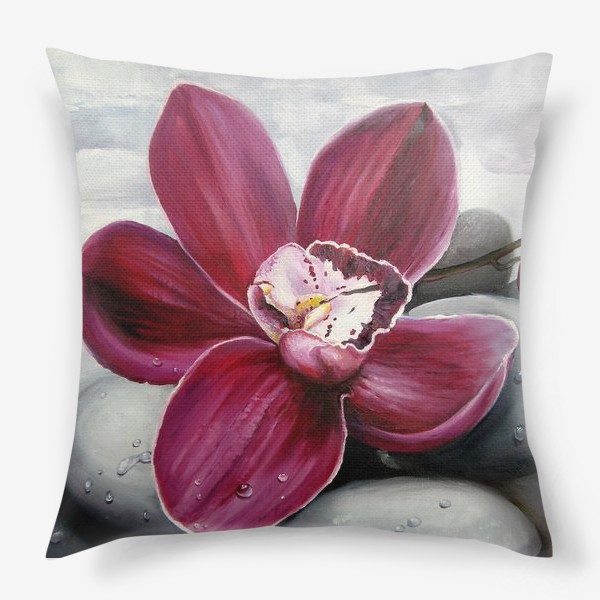 Подушка &laquo;Цветок красной орхидеи. Живопись. Цветок с капельками росы&raquo;