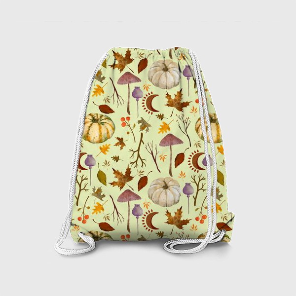 Рюкзак «Осенний паттерн с тыквами, грибами, листьями, ветками, символами луны.»