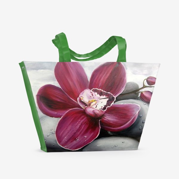 Пляжная сумка «Цветок красной орхидеи. Живопись. Цветок с капельками росы»