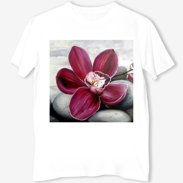 Футболка &laquo;Цветок красной орхидеи. Живопись. Цветок с капельками росы&raquo;