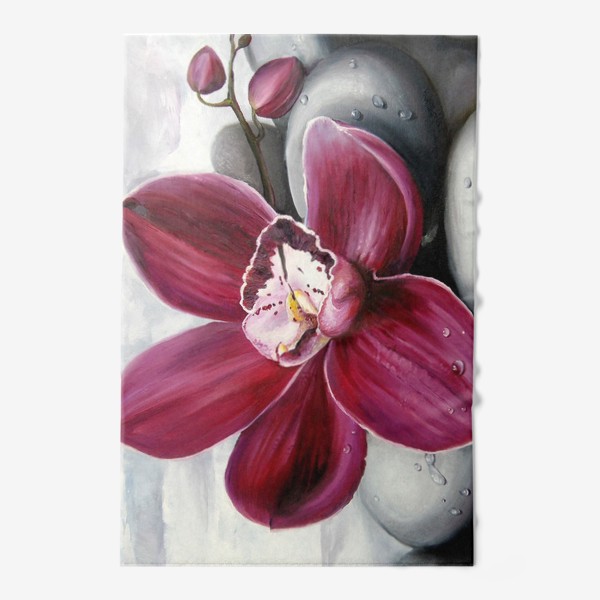 Полотенце «Цветок красной орхидеи. Живопись. Цветок с капельками росы»
