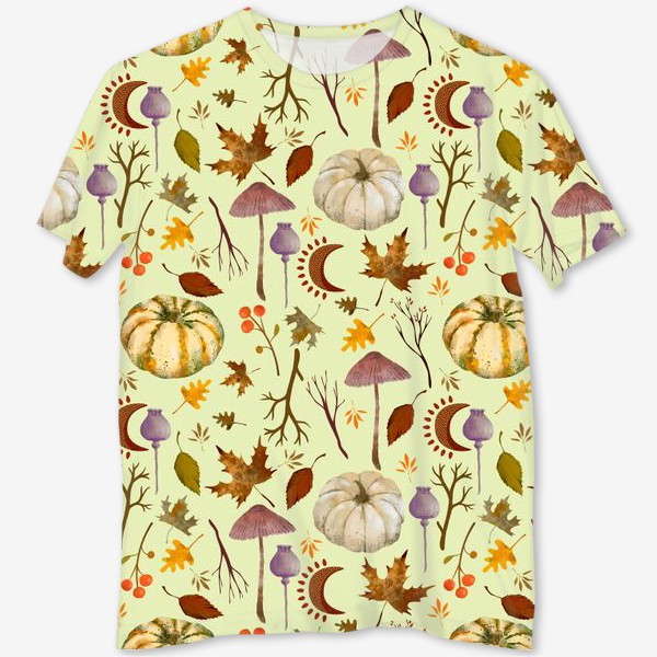 Футболка с полной запечаткой «Осенний паттерн с тыквами, грибами, листьями, ветками, символами луны.»