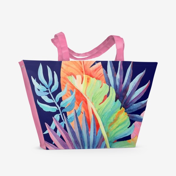 Пляжная сумка «Яркие тропики на темном фоне»