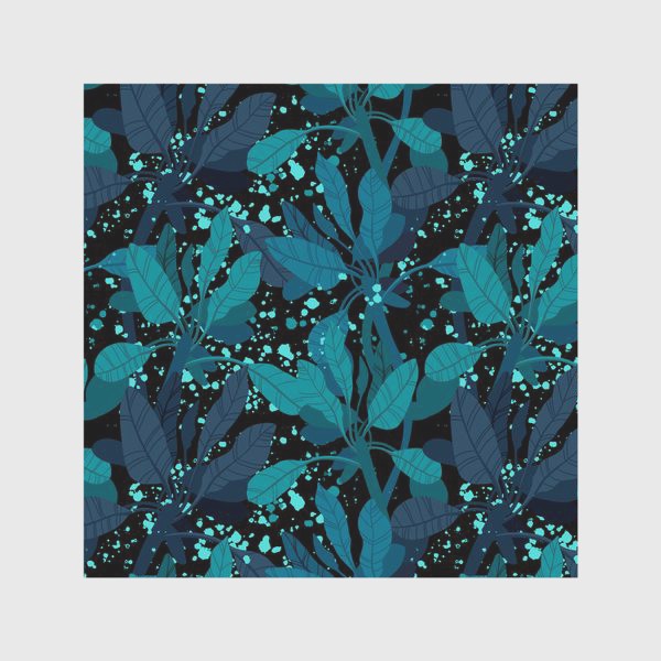Скатерть «Синие и зеленые экзотические листья на черном фоне»