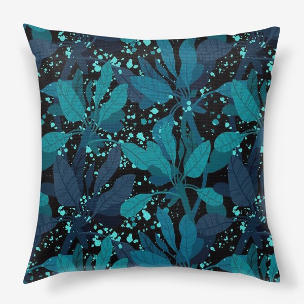 Подушка «Синие и зеленые экзотические листья на черном фоне»
