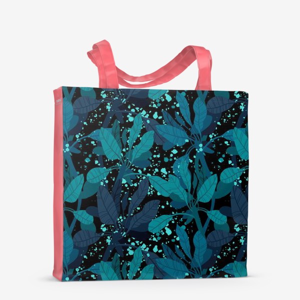 Сумка-шоппер «Синие и зеленые экзотические листья на черном фоне»
