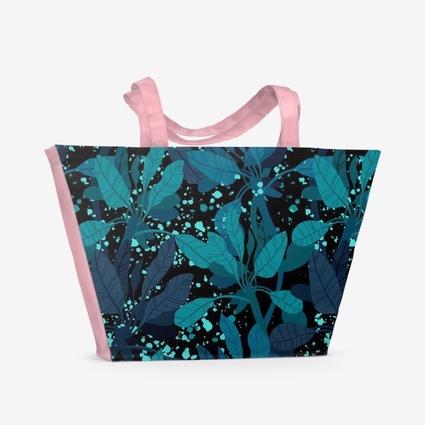 Пляжная сумка «Синие и зеленые экзотические листья на черном фоне»