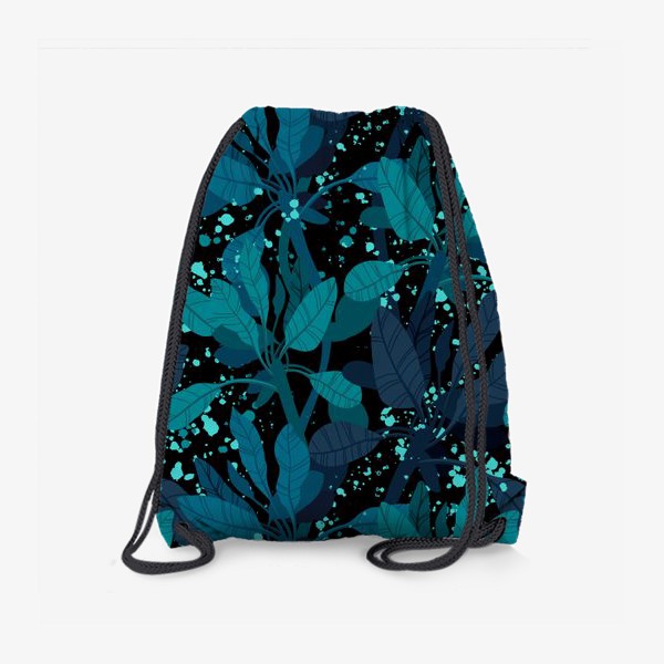 Рюкзак «Синие и зеленые экзотические листья на черном фоне»