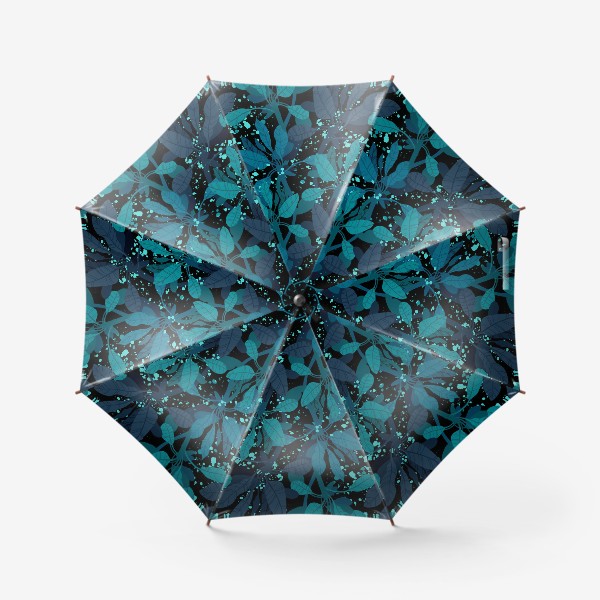 Зонт «Синие и зеленые экзотические листья на черном фоне»